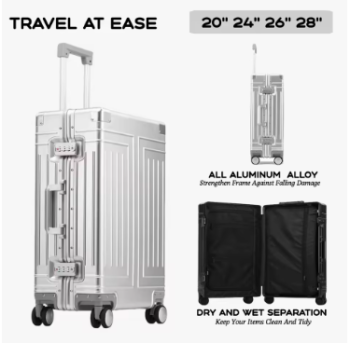P1357 2024 Capacity Durable Luggage Sets 100% Aluminum Suitcase Wheels Women Girl Men Cabin Carry-On Boarding Travel 20/24/26/28