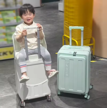 Pi1239 New Suitcase with Seat for Children Aluminium Frame Front Open Lid Rolling Luggage Ride on Kids Suitcase 22'' Cabin Luggage