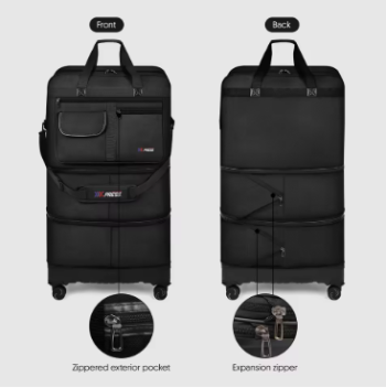 P1417 36" Foldable Wheel Bag Travelling Pack Wheels For Women Men Expandable Trolley Luggage Versatile Black Suitcase For Weekend Trip