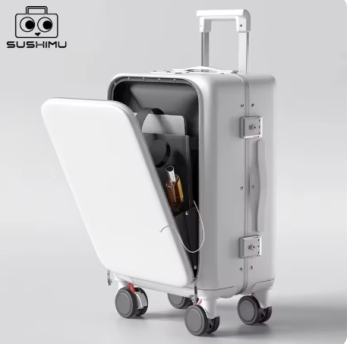 Pi1267 SUSHIMU Front Laptop Pocket Suitcase Wide Handle Travel Suitcase 20''Carry-On Luggage Women PC Aluminum Frame Trolley Case 24''