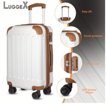 Pi1270 LUGGEX Carry On Luggage for Airplanes, Travel Suitcases with Wheels (White, 20-Inch)