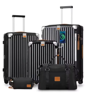 L394 Joyway 3/5pcs Black Luggage Set, 20/24 inch Expandable Suitcase, Cup Holder, TSA Lock, Anti Slip Wheels, Lightweight Durable