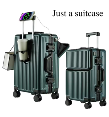P1413 Aluminium Frame Rolling Luggage with Cup Holder Mobile Phone Holder Front Opening Suitcase Large capacity Travel Suitcase