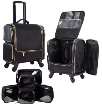 Professional Rolling Makeup Train Case, Make Up Storage Bag for Makeup Artist, Hairstylist, Barbers, with 5 Toiletry Bags