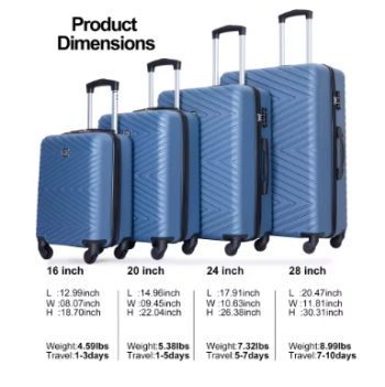 L453 Travelhouse Luggage set 4-Piece ABS Suitcase With Spinner Wheels,24 Inch and 28 Inch with TSA Lock,16,20 inche Carry on Luggage