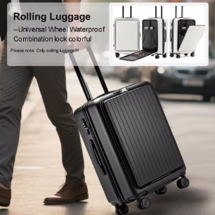 Pi1301 Password Roller Luggage Front Open Design Suitcase Metal Handle Rod With Phone Holder Cup Holder Bag Hook For Travel Boarding