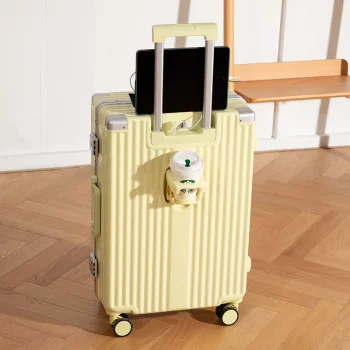 Kkkk123756 Aluminum Frame Suitcase Multifunctional ABS Carry on Luggage with Cup Holder USB Port Zipper Trolley Case