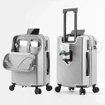 K844 Front Opening Pocket Suitcase Travel Rolling Luggage Aluminum Alloy Trolley ABS+PC Case