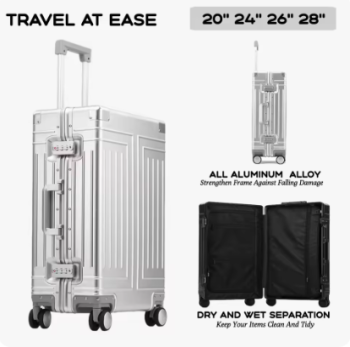P1647 2024 Capacity Durable Luggage Sets 100% Aluminum Suitcase Wheels Women Girl Men Cabin Carry-On Boarding Travel 20/24/26/28