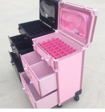 Pi1556 Women Cute pink Trolley Cosmetic case Rolling Luggage,Men Domineering black Nails Makeup Toolbox,Beauty Tattoo Trolley Suitcases