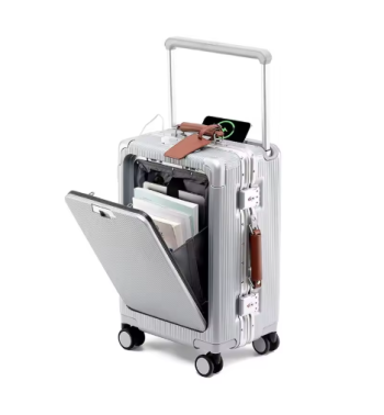TH086 Aluminum Alloy Frame Suitcase Front Opening Pocket with USB Charging Plug Rolling Luggage TSA Lock Wide Trolley Case with Wheel