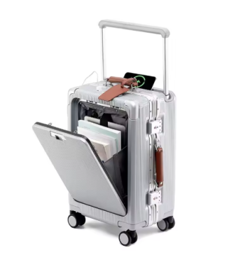 P1521 New Front Opening Pocket Rolling Luggage Aluminum Alloy Frame Wide Handle Trolley Suitcase with Wheel USB Charging Plug TSA Lock