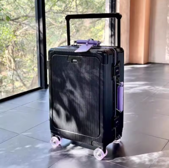 P1522 Front Opening Pocket Rolling Luggage Aluminum Frame Wide Handle Trolley Suitcase with Upgrade Silent Wheel USB Charging Plug TSA