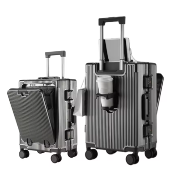 P1524 Aluminum Alloy Frame Suitcase Front Opening Pocket with USB Charging Plug Rolling Luggage Trolley Case Bag with Spinner Wheel