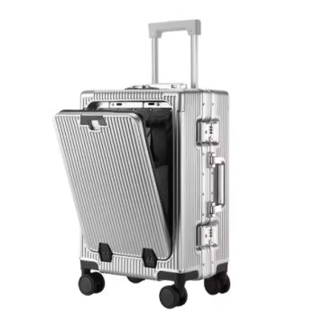 Pi1402 Suitcase Front Opening Pocket Aluminum Alloy Frame Rolling Luggage with USB Charging Plug Trolley Carry-on Case Bag with Wheel