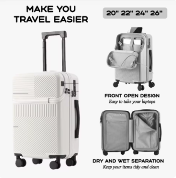 TH154 2024 New Durable Large Capacity Luggage Sets Suitcase Front Open USB Charging Men Carry-On Travel 20/22/24/26