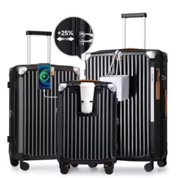 Pi1424 Joyway 3/5pcs Black Luggage Set, 20/24 inch Expandable Suitcase, Cup Holder, TSA Lock, Anti Slip Wheels, Lightweight Durable