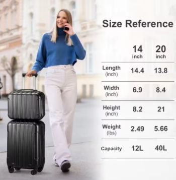 P1554 2 Piece Luggage Set,14" Mini Cosmetic Cases 20" Carry-On Expandble Luggage Hardside Lightweight Suitcase