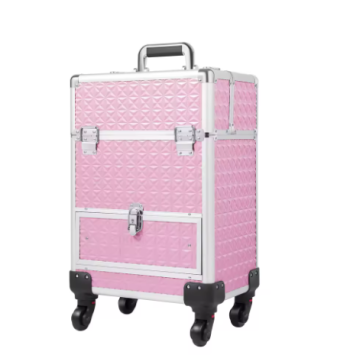 TH127 Pink Makeup Luggage Suitcase on Wheels Large Rolling Trolley Makeup Case with Telescopic Handle for Professional Makeup Artist