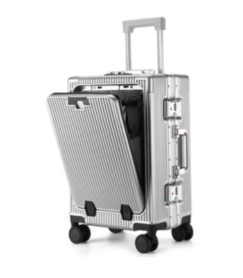 TH164 Suitcase Front Opening Pocket Aluminum Alloy Frame Rolling Luggage with USB Charging Plug Trolley Carry-on Case Bag with Wheel