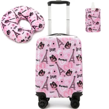 G00948-16 Inch Girls Luggage Set, Cute Pattern Rolling Suitcase with Neck Pillow