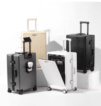 P1587 Aluminum Alloy Frame Suitcase, Carry-On Trolley Case, Independent Front Compartment Multi-Functional Suitcase, 20, 24 Inches