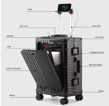 P1699 100% Aluminum Alloy Rod Suitcase Front Open TSA Lock USB Slient Spinner Wheel 20/24 Inch Multifunctional Luggage