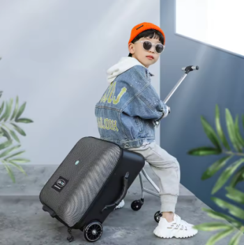 P1700 New design lazy baby sit on scooter luggage kids carry on travel suitcase bag boarding skateboard creative trolley case