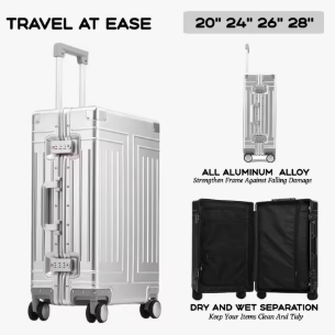 P1623 2024 Capacity Durable Luggage Sets 100% Aluminum Suitcase Wheels Women Girl Men Cabin Carry-On Boarding Travel 20/24/26/28