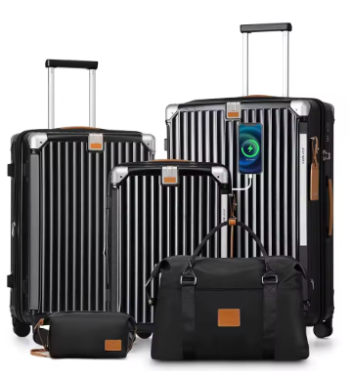 Pi1681 Joyway 3/5pcs Black Luggage Set, 20/24 inch Expandable Suitcase, Cup Holder, TSA Lock, Anti Slip Wheels, Lightweight Durable