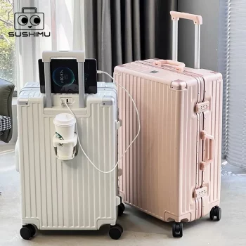 KF714406 Carry On Luggage with Cup Phone Holder Hard Shell Rolling Travel Suitcase