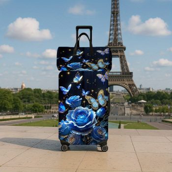 G000963 2-Piece Blue Rose and Butterfly Print Luggage Set