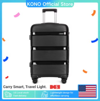 Pi1693 Kono 55x40x21cm Lightweight Hard Shell Cabin Luggage, 4 Spinner Wheels, TSA Lock, 40L Polypropylene Carry-On Trolley Suitcase