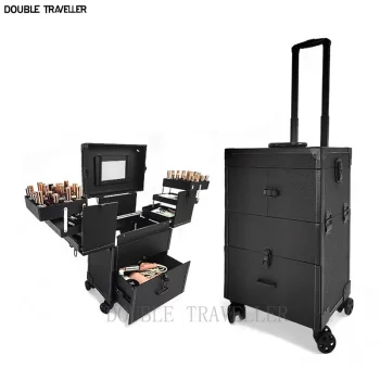 K1910 New Women Trolley Cosmetic Bags on Wheel,Nails Makeup Toolbox,Detachable Foldable Beauty Suitcase