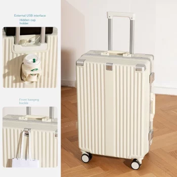 K1898 Multifunctional Aluminum Frame Luggage with USB Cup Holder Trolley Case