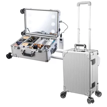 K2065 Professional Bridal LED Makeup Case with Wheels Portable Large Capacity Multi-Compartment Cosmetic Organizer for Wedding Artists