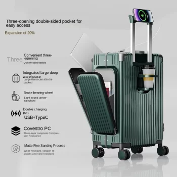 K1911 New-style three-opening multifunctional front-opening suitcase, 20 inch PC material with double side pockets