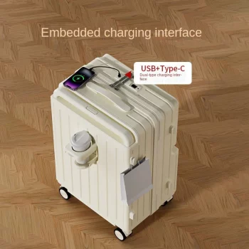 K1532 Front Opening Lid Wide Handle Suitcase USB Charging with Cup Holder 20 Inch Boarding Rolling Luggage