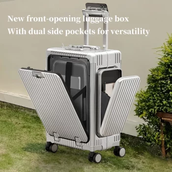 K1928 New-style three-opening multifunctional front-opening suitcase, 20-inch PC material with double side pockets, large-capacity tra