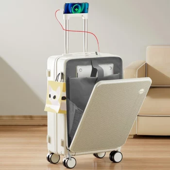 K1749 Suitcase Multifunctional Trip Cabin Luggage Front Opening with USB Charging Cup Holder