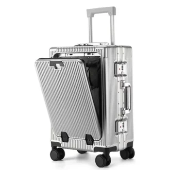 K2061 Suitcase Front Opening Pocket Aluminum Alloy Frame Rolling Luggage with USB Charging Plug Trolley Carry-on Case Bag