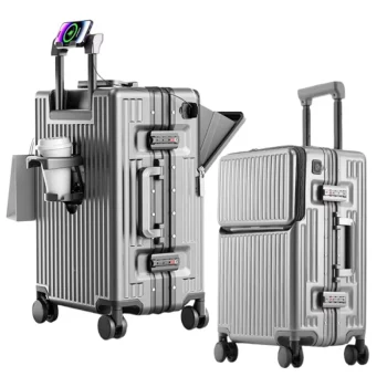 K1770 Aluminium Frame Suitcase Front Opening Cabin Luggage with USB Cup Holder Female Trolley Case