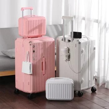 K2345 Multifunction Spinner Luggage with USB Charging Port and Cup Holder Aluminum Frame Hard Equipment Suitcase