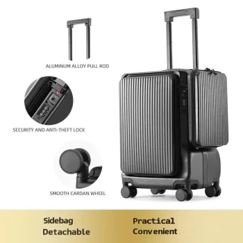 K2252 New luggage with aluminum frame and luggage compartment, front opening USB charging boarding case