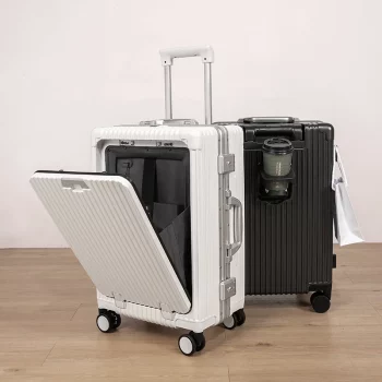 K2214 Multifunctional suitcase Front opening boarding case PC aluminum frame password trolley case