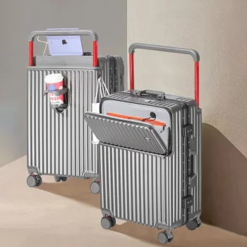 K2327 Aluminum Framed Front Open Suitcase Carry-on Bag Wide Handle Luggage