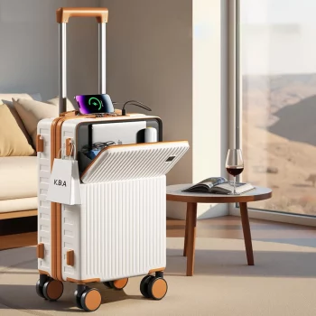 K2591 Travel Suitcase Front Opening Luggage Laptop Boarding Case USB Charging Trolley Case