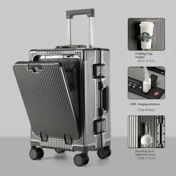 K2390 New Suitcase Front Opening Laptop Bag Aluminum Frame Luggage with USB Port Password Trolley Case