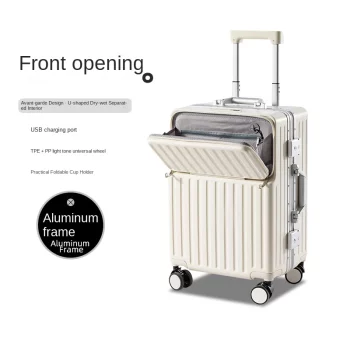 K2394 Front Opening Suitcase 2025 New Aluminum Frame Luggage with Cup Holder Boardable Trolley Case