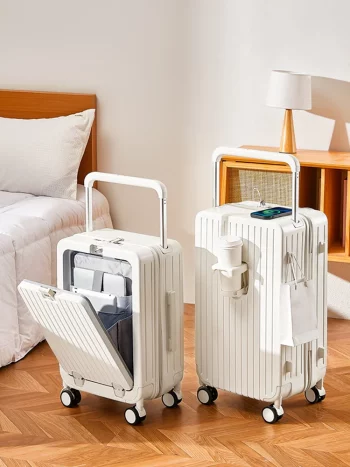 K2363 Travel Suitcase Multifunctional Front Open Cover Trolley Case with Cup Holder Boarding Box